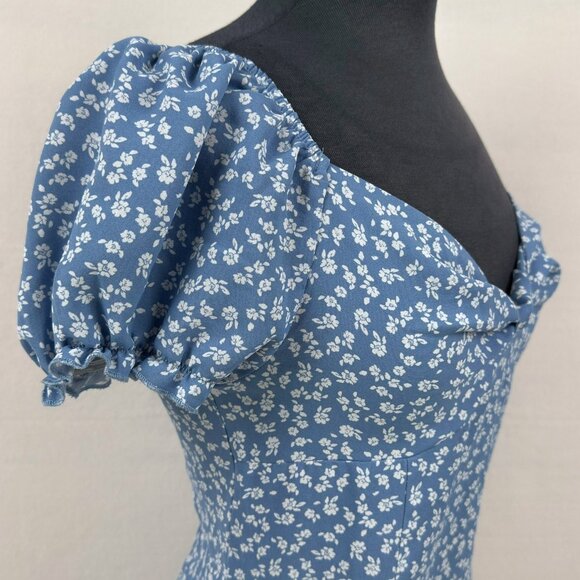 Shein Womens Small Blue Floral Puff Sleeve Sweetheart Mini Summer Dress Zip Back - Picture 5 of 10